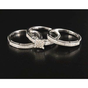 Vintage Diamond Wedding Set, Sterling Silver 0.51 CTW, Engagement and 2 Bands